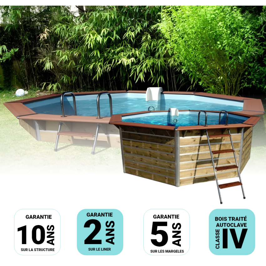 Piscine bois Octogonale CLEOFAS Ø460x129cm Liner bleu