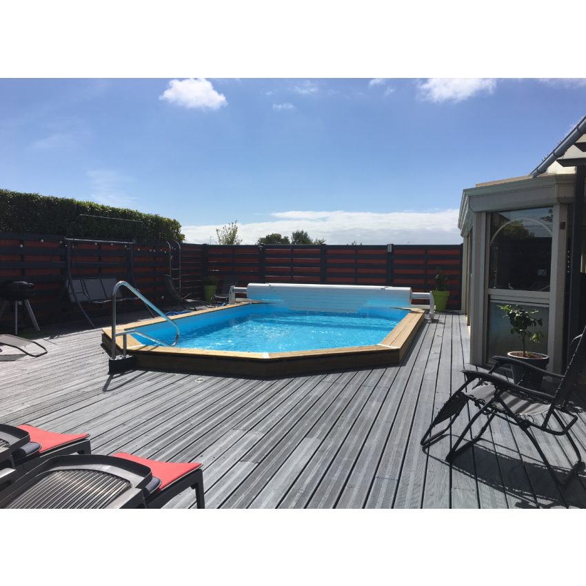 Piscine Bois Lucci Octogonale allongée avec Plage immergée + Escalier 415x265x131cm