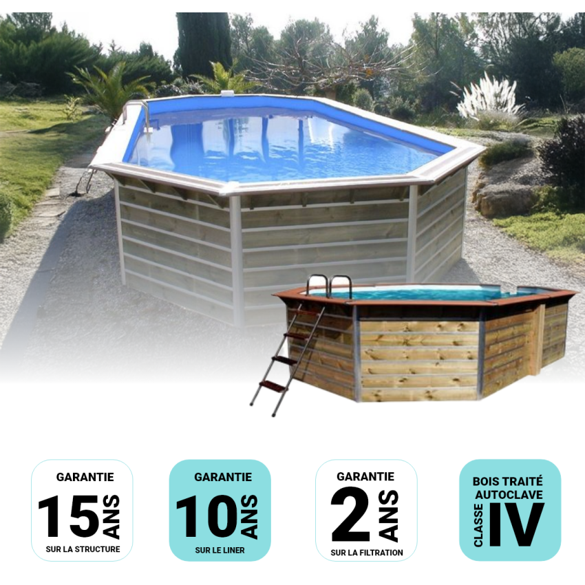 Piscine bois Octogonale Allongée SIAYAN 730x420x129cm Liner Bleu