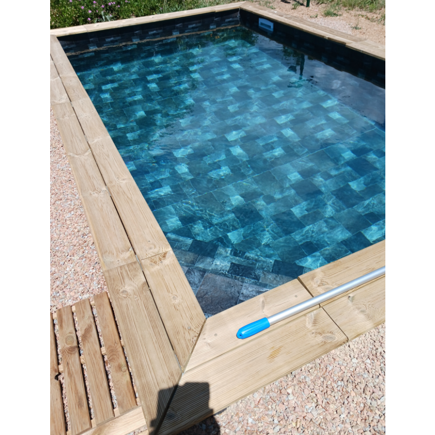 Piscine Bois Luxe Rectangulaire Luxe avec Escalier d'angle 470x270x145cm Pierre de Bali