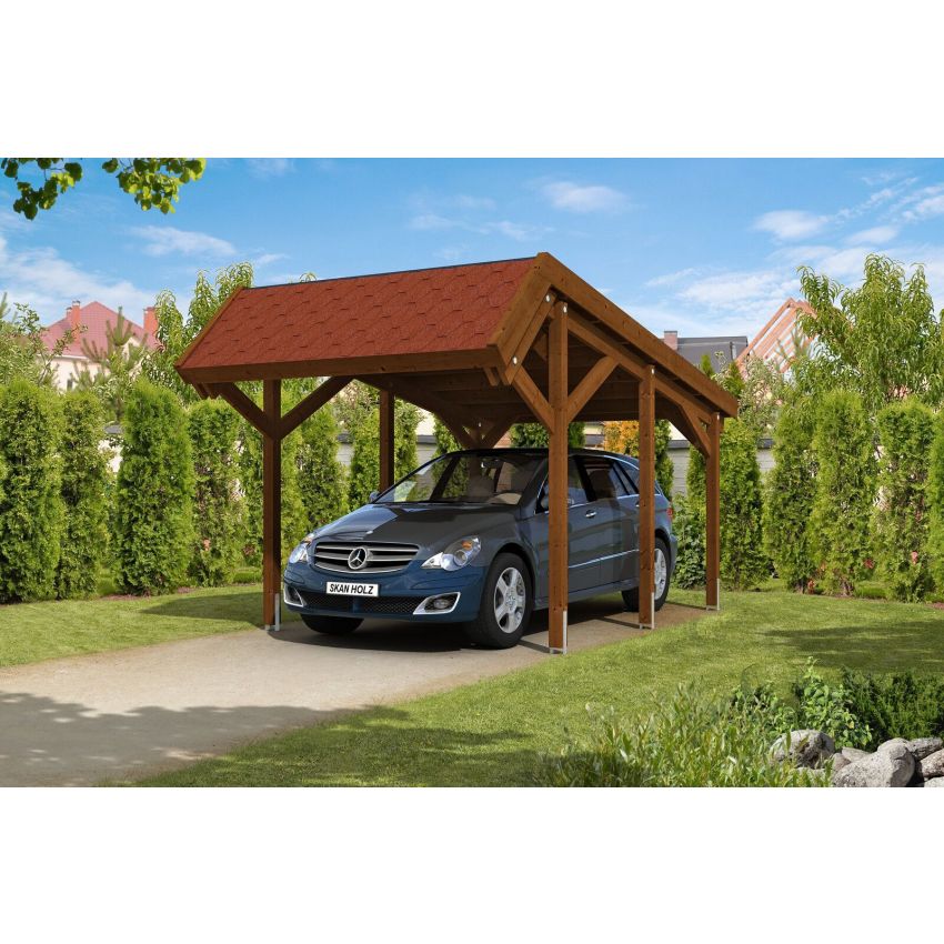 Carport en Bois Noyer Harz avec bardeaux rouges 560x321cm