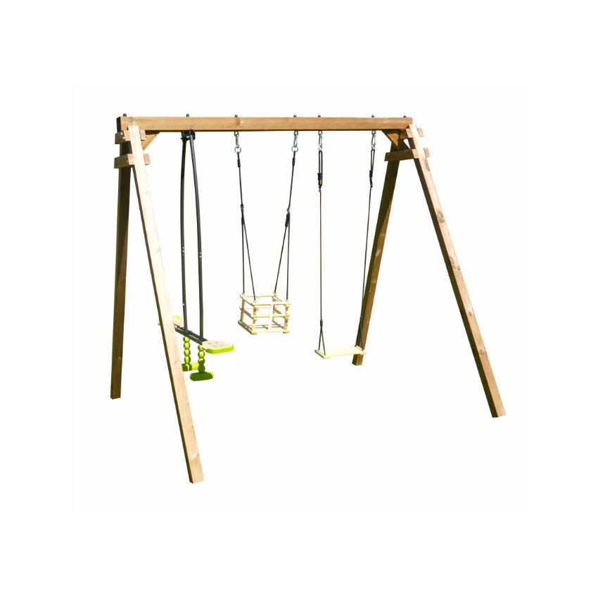Portique en bois PIERRE :  1 balançoire, 1 siège bébé et 1 vis-à-vis L240xl207xH224cm