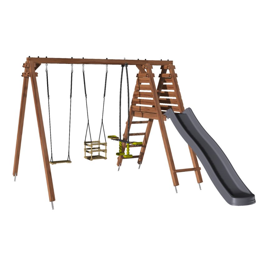 Portique en bois TREFLE avec toboggan, 1 balançoire, 1 vis-à-vis et 1 siège bébé L291xl351xH224 cm 