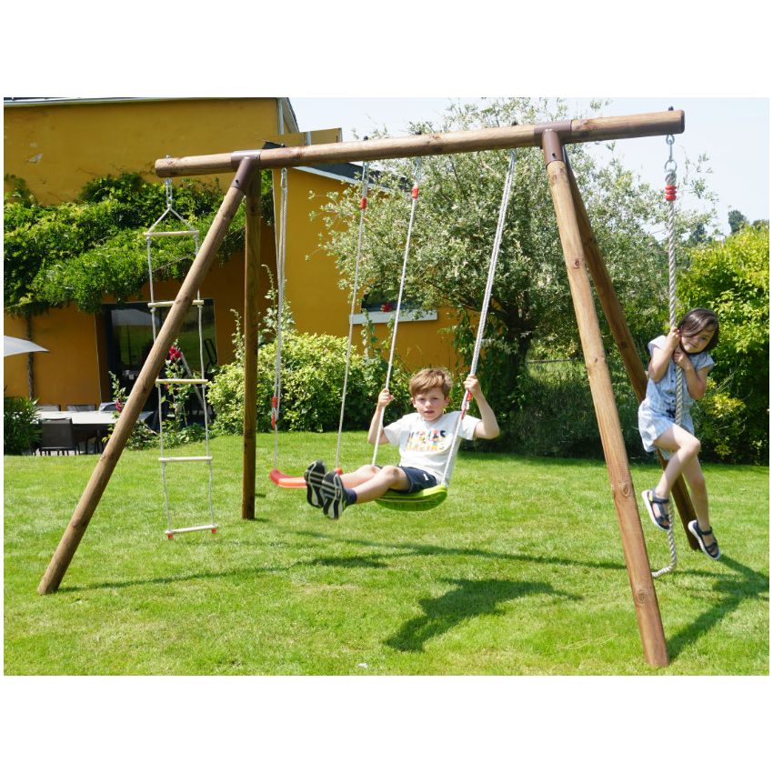 Portique en bois ERNEST:  2 balançoires, 1 échelle et 1 corde L276xl189xH222cm