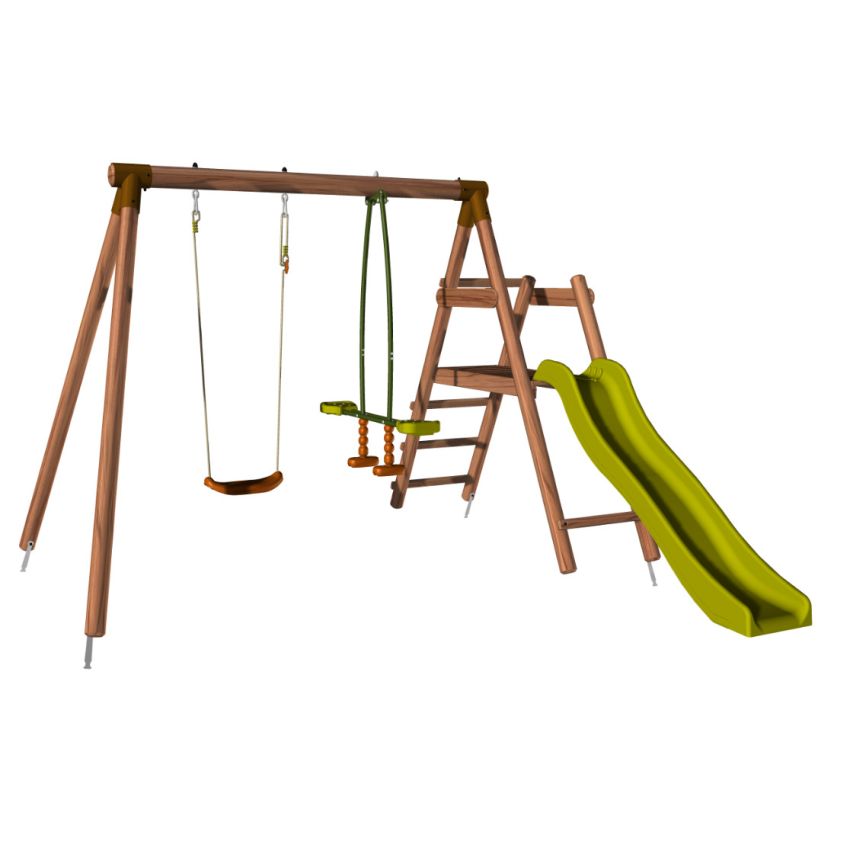 Portique en bois MENTHE avec toboggan, 1 balançoire et 1 vis-à-vis L282xl283xH195 cm