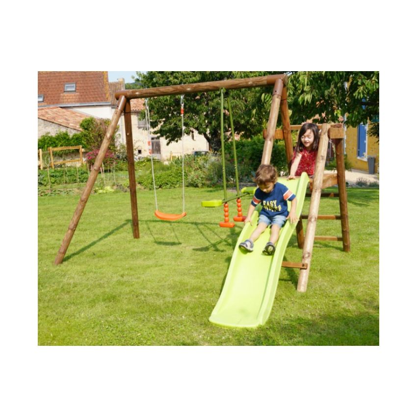Portique en bois MENTHE avec toboggan, 1 balançoire et 1 vis-à-vis L282xl283xH195 cm