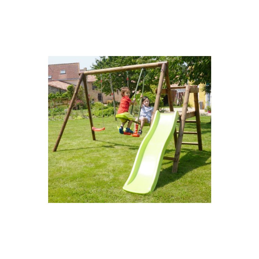 Portique en bois FIGUE avec toboggan, 2 balançoires et 1 vis-à-vis L312xl283xH195 cm