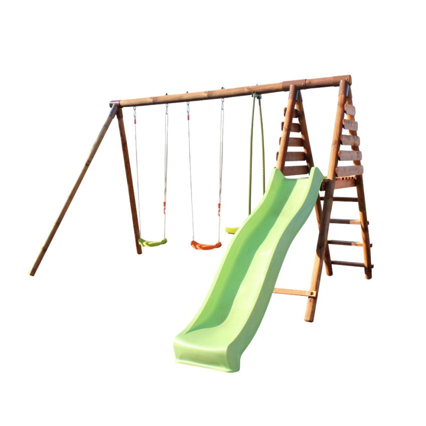 Portique en bois VIOLETTE avec toboggan, 2 balançoires et 1 vis-à-vis L323xl354xH222cm