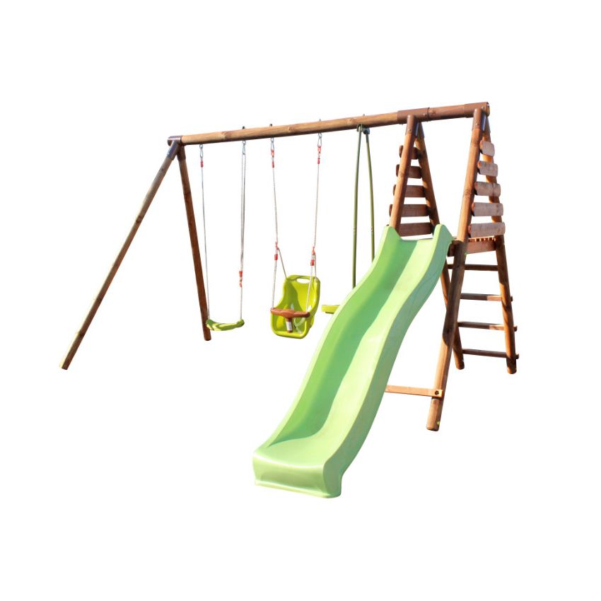 Portique en bois TULIPE avec toboggan, 1 balançoire, 1 siège bébé et 1 vis-à-vis L323xl354xH222 cm