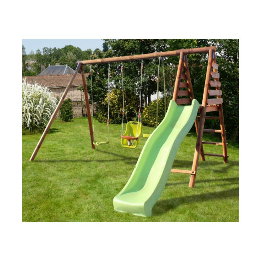 Portique en bois TULIPE avec toboggan, 1 balançoire, 1 siège bébé et 1 vis-à-vis L323xl354xH222 cm