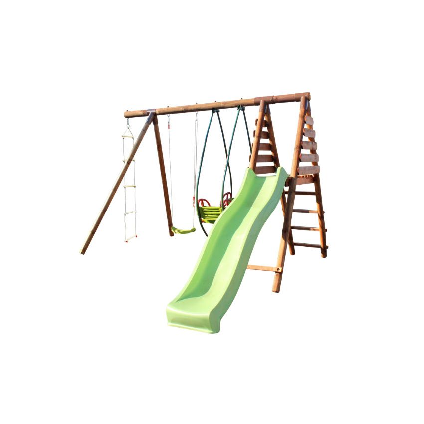 Portique en bois LAVANDE avec toboggan, 1 balançoire, 1 échelle et 1 balancelle L343xl354xH222 cm