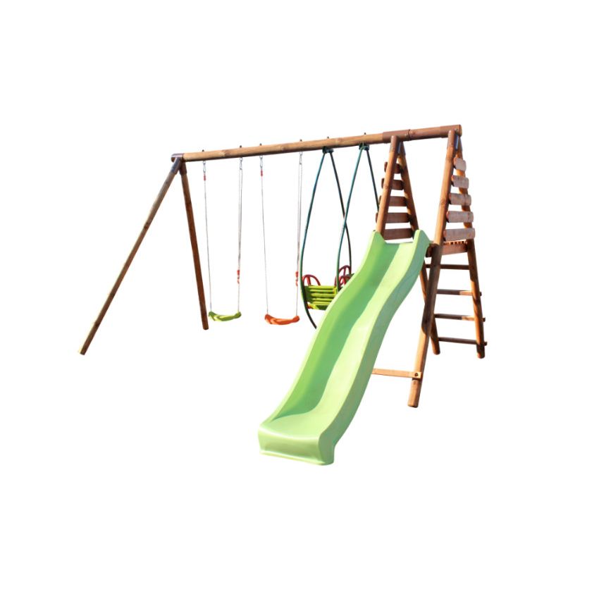 Portique en bois NARCISSE avec toboggan, 2 balançoires et 1 balancelle L344xl354xH222 cm