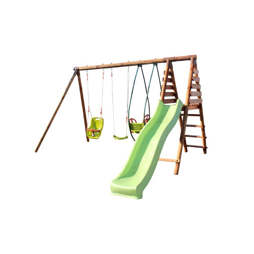 Portique en bois COLZA avec toboggan, 1 balançoire, 1 siège bébé et 1 balancelle L344xl354xH222 cm