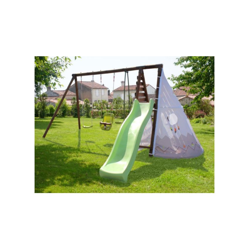 Portique en bois CAMELIA avec toboggan, 1 balançoire, 1 siège bébé et 1 vis-à-vis L426xl354xH222 cm