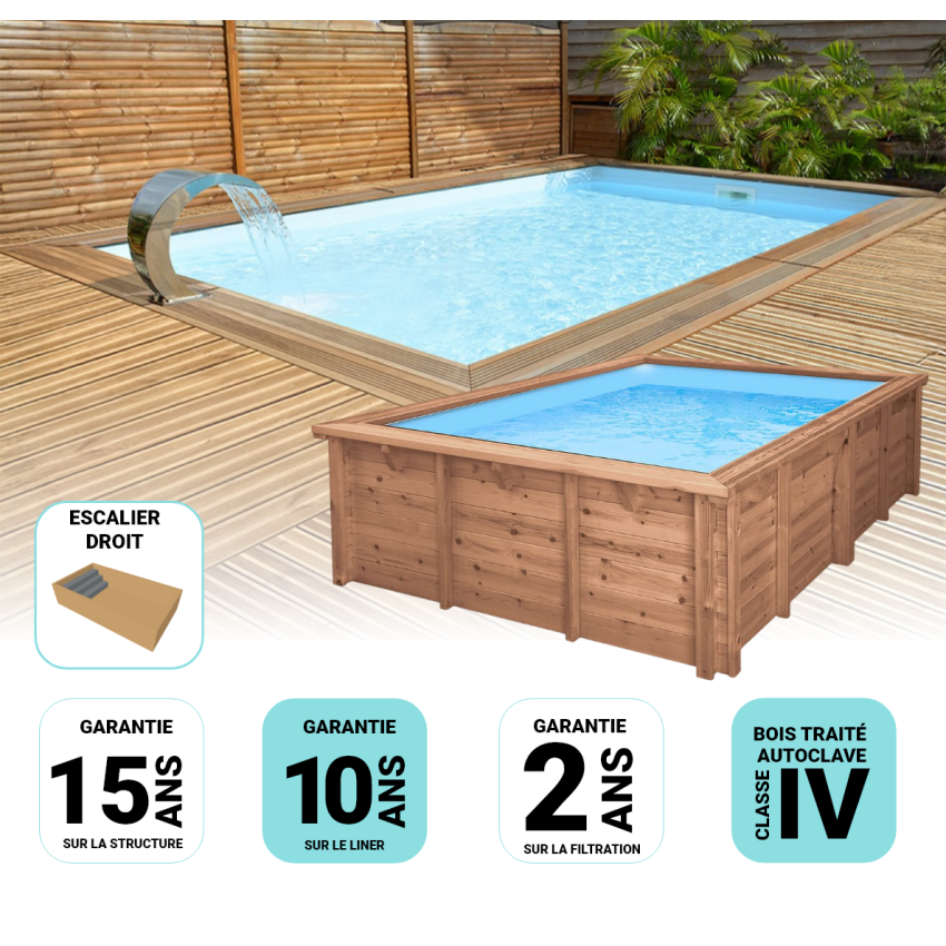 Piscine bois MAEVA Rectangulaire avec Escalier droit 550x350x150cm