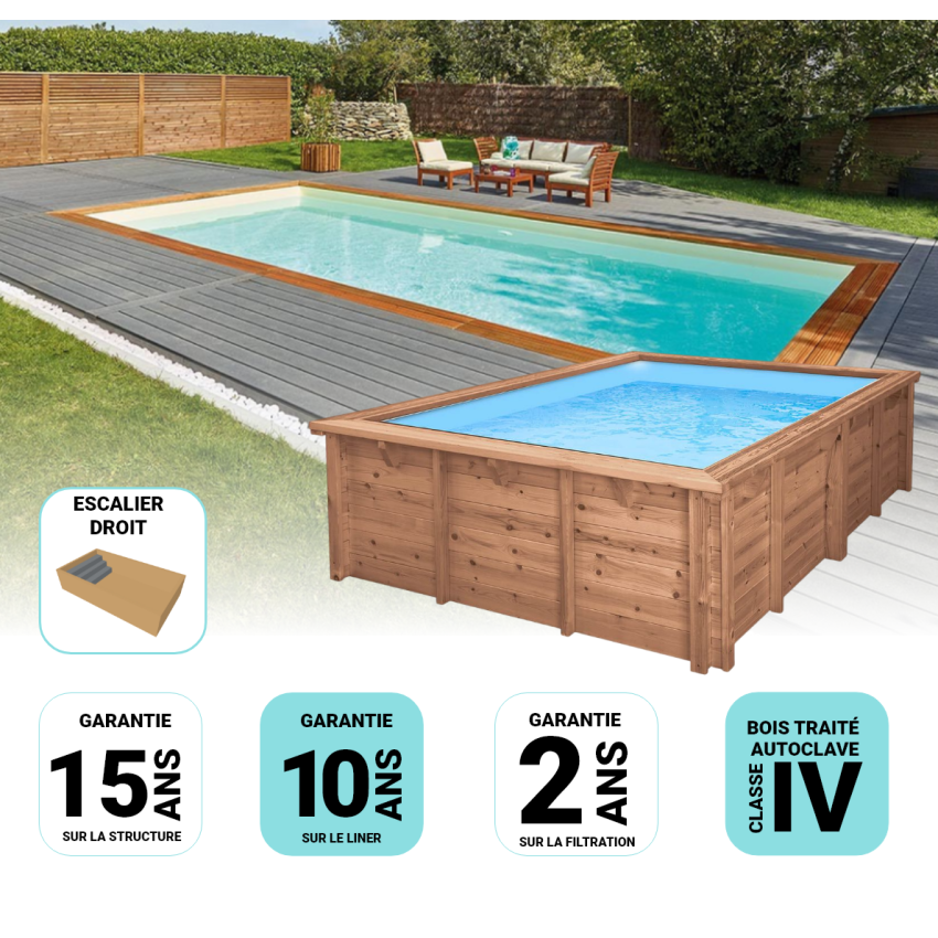 Piscine bois MAEVA Rectangulaire avec Escalier droit 800x400x150cm