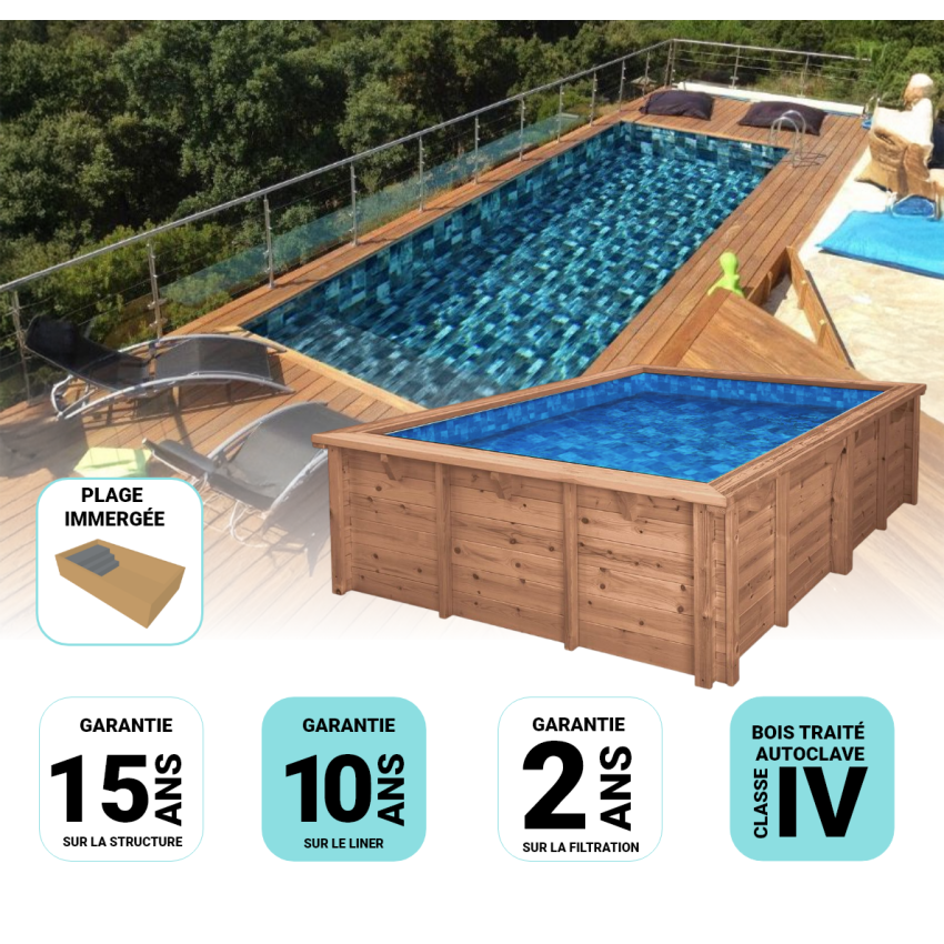 Piscine Bois Luxe Rectangulaire avec Plage Immergée + Escalier 620x420x130cm Pierre de Bali