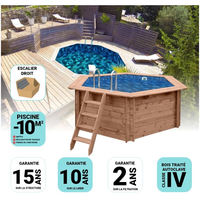 Piscine Bois Spark Ronde Hexagonale avec Escalier ⌀395x115cm  Pierre de Bali