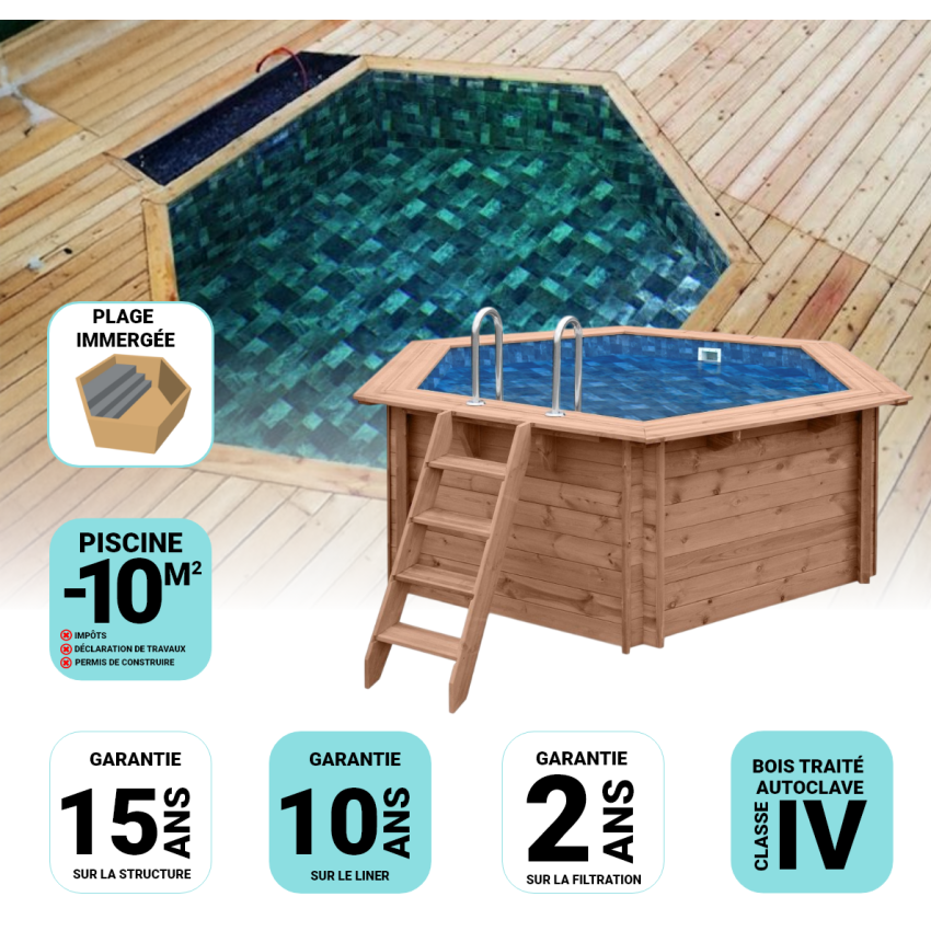 Piscine Bois Diamant Ronde avec Plage Immergée + Escalier ⌀360x131cm Pierre de Bali