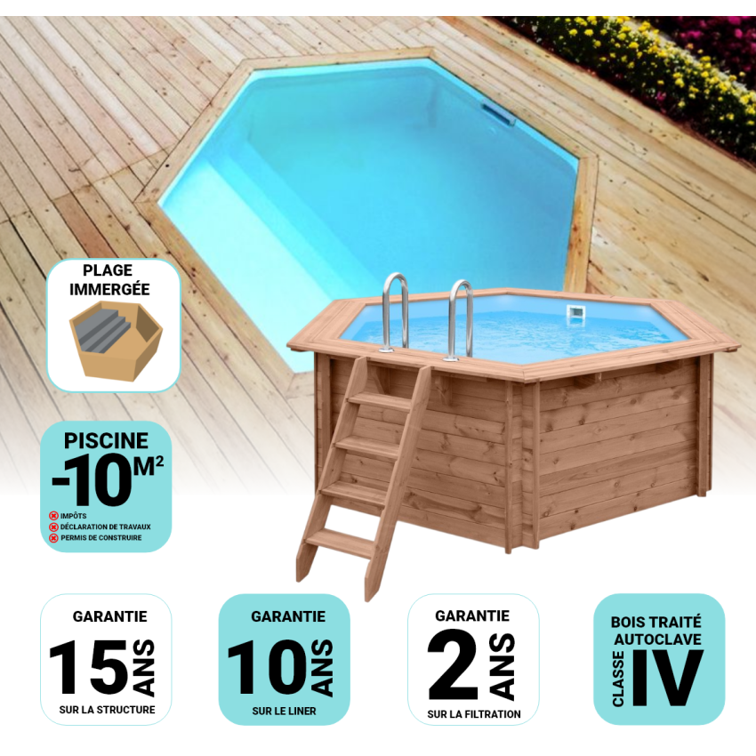 Piscine Bois Diamant Ronde avec Plage Immergée + Escalier ⌀360x131cm