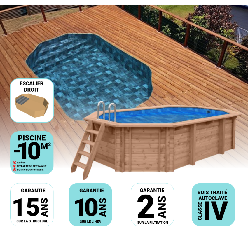 Piscine Bois Lucci Octogonale allongée avec Escalier 415x265x131cm Pierre de Bali