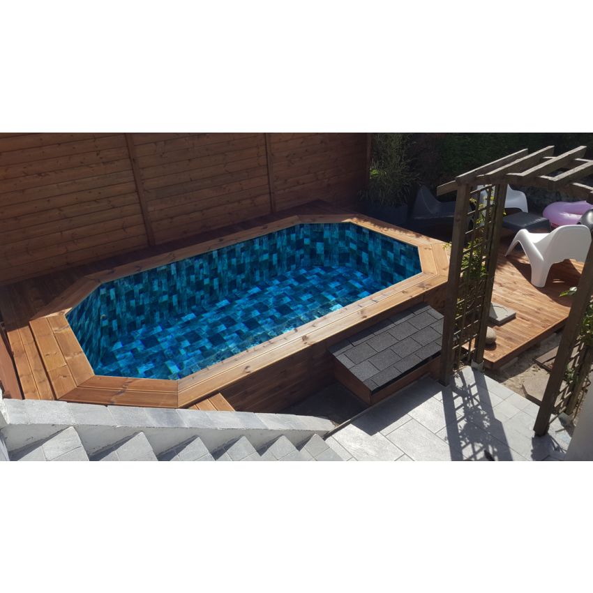 Piscine Bois Lucci Octogonale Allongée 415x265x131cm Pierre de Bali