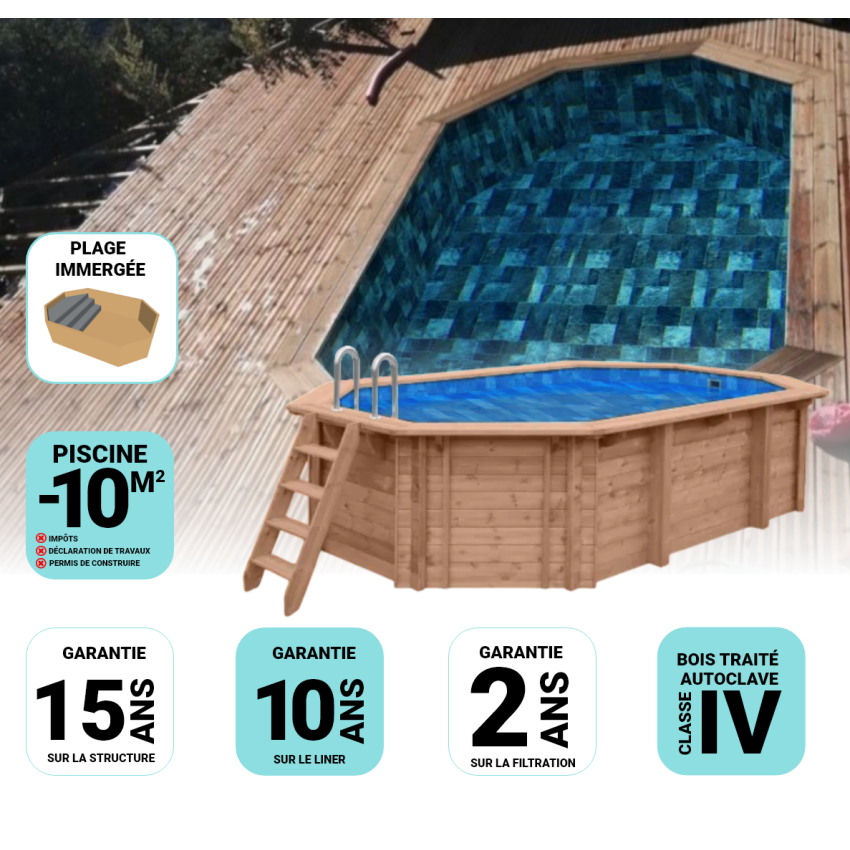 Piscine Bois Lucci Octogonale allongée avec Plage immergée + Escalier 415x265x131cm Pierre de Bali
