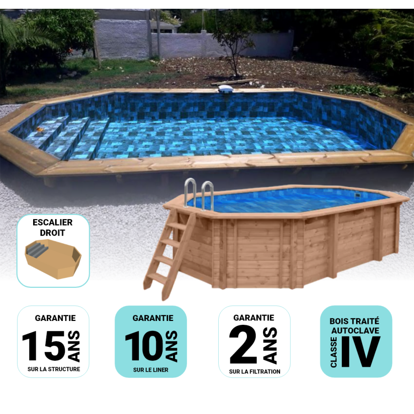 Piscine Bois Lola Octogonale Allongée avec Escalier 541x336x131cm Pierre de Bali