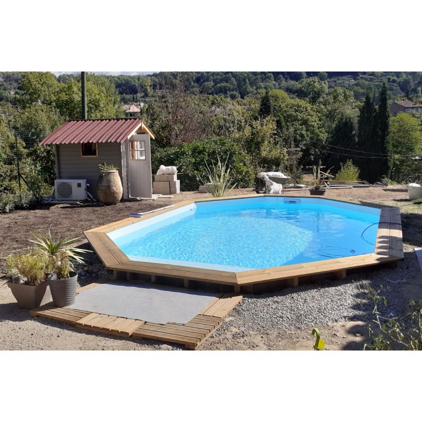 Piscine Bois d'Argent Octogonale allongée avec Plage Immergée + Escalier 612x407x131cm