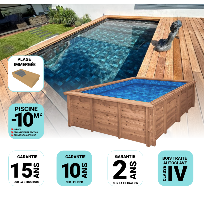 Piscine Bois Luxe Rectangulaire avec Plage immergée + escalier 420x320x145cm Pierre de Bali