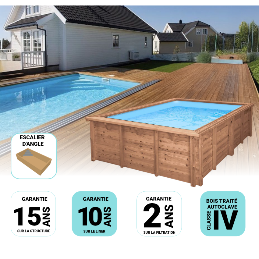 Piscine Bois Luxe Rectangulaire avec Escalier d'Angle 520x320x131cm