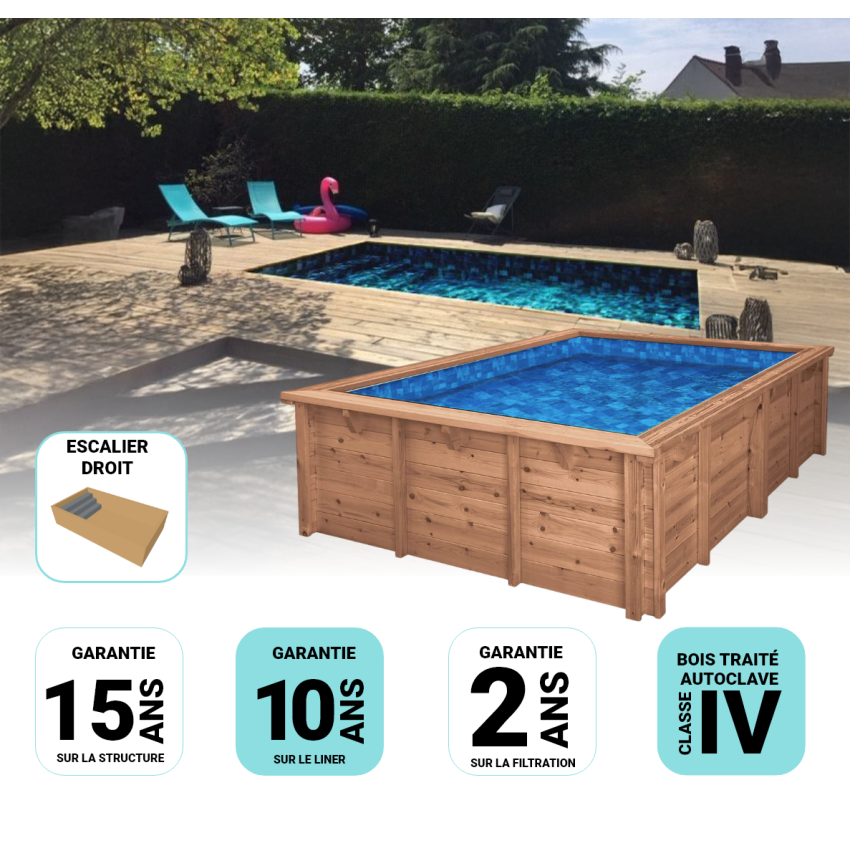 Piscine Bois Luxe Rectangulaire avec Escalier droit 520x320x131cm Pierre de Bali