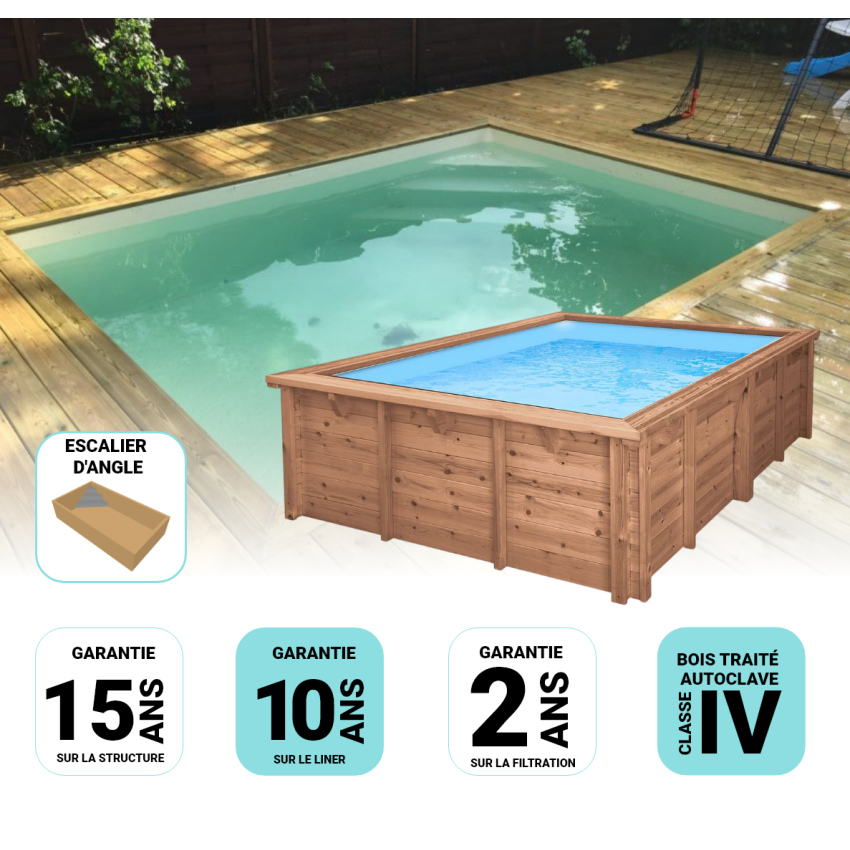 Piscine Bois Rebecca Rectangulaire avec Escalier d'Angle 920x420x145cm