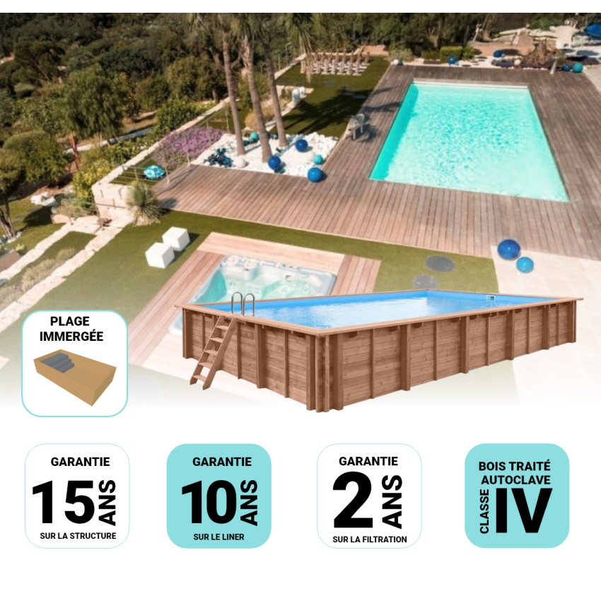 Piscine Bois Supreme Rectangulaire avec Plage Immergée + Escalier 1220x520x145cm