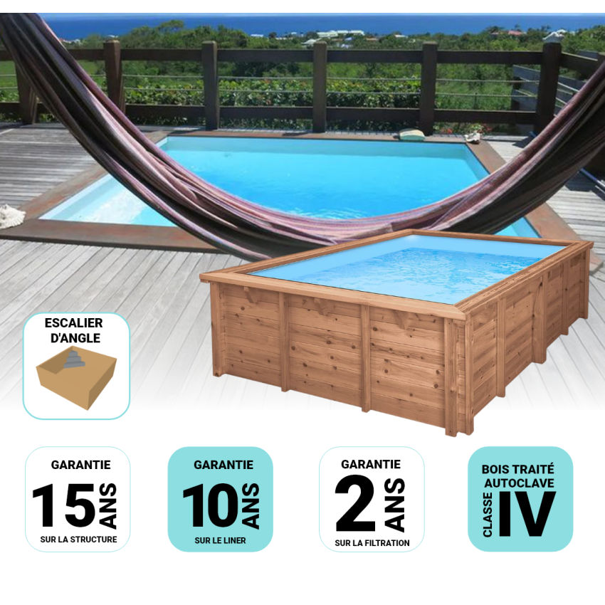 Piscine Bois Anna carrée avec Escalier d'Angle 520x520x145cm