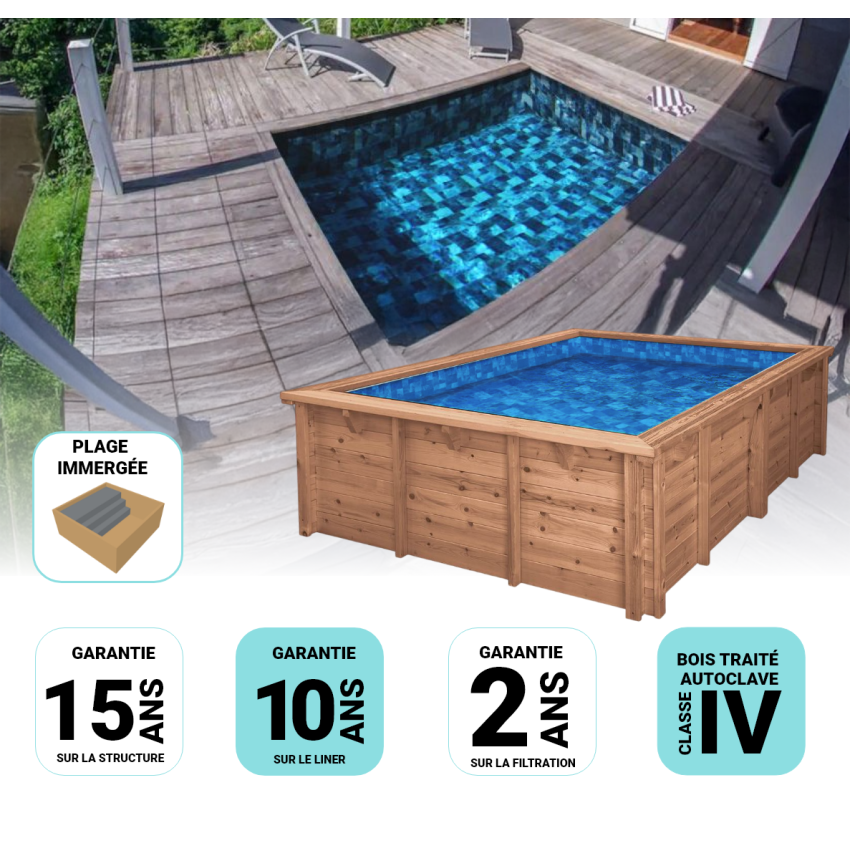 Piscine Bois Anna Carrée avec Plage immergée + Escalier 520x520x145cm Pierre de Bali