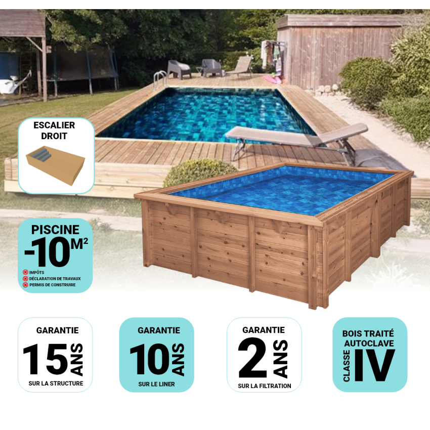 Piscine Bois California Rectangulaire Luxe avec Escalier 520x220x131cm Pierre de Bali 