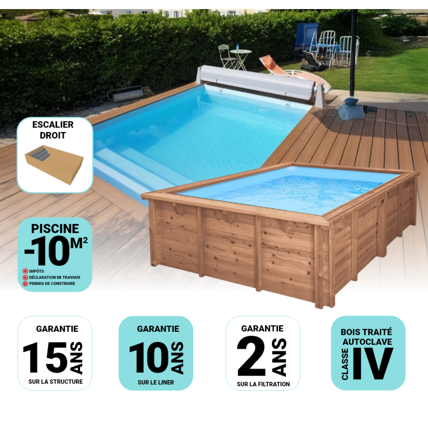 Piscine Bois California Rectangulaire Luxe avec Escalier 520x220x131cm