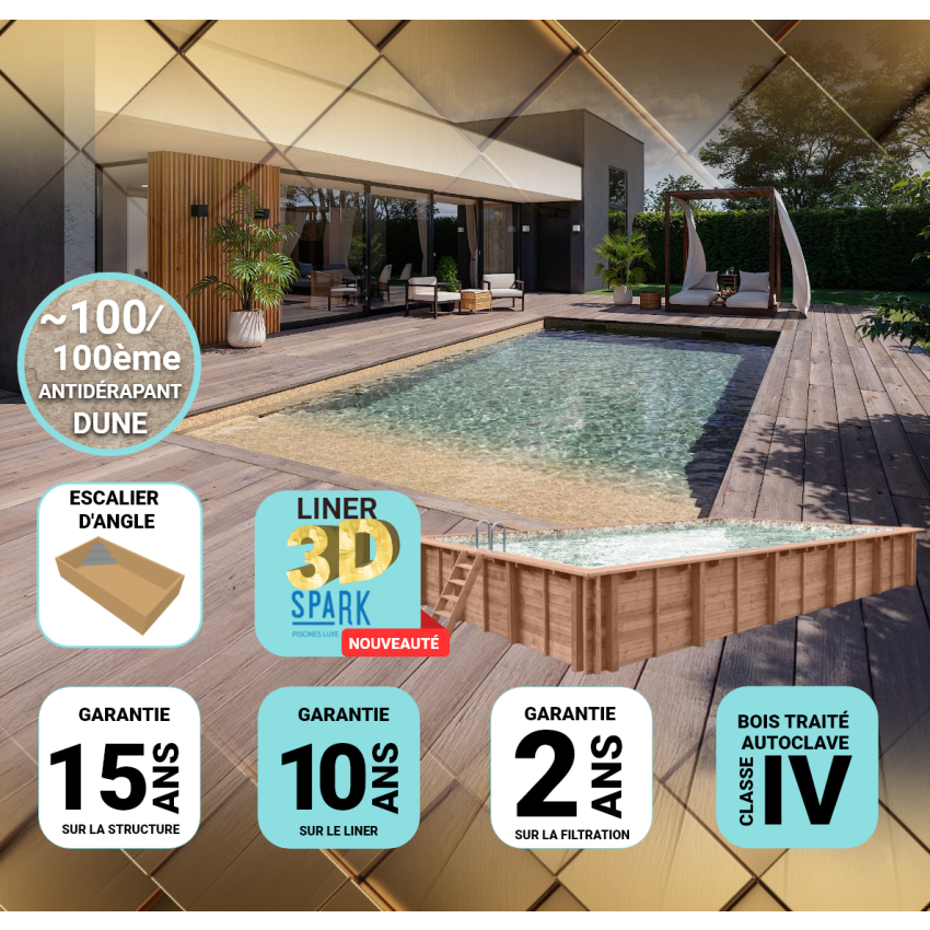 Piscine Bois PRESTIGE Rectangulaire avec Escalier d'Angle 420x320x145 cm Liner Relief 3D