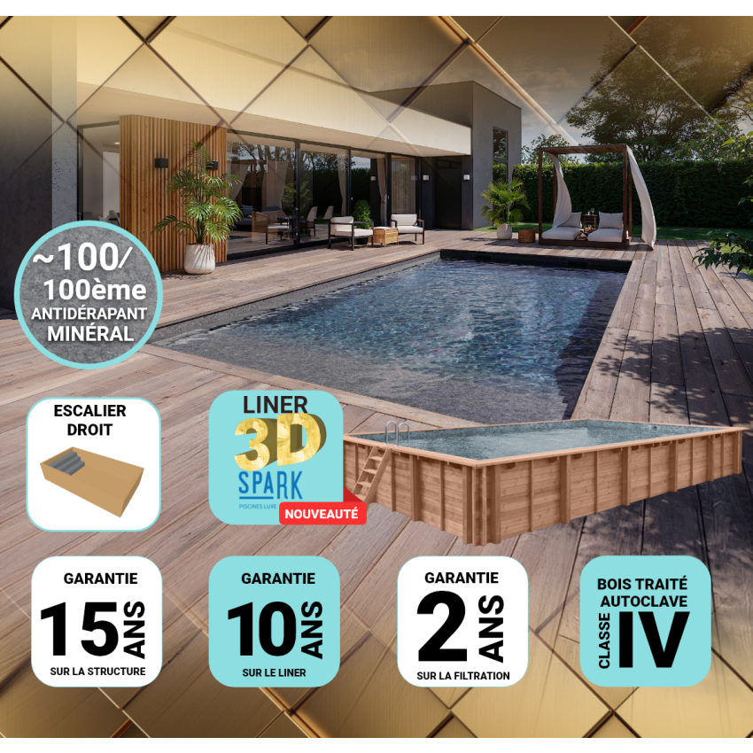 Piscine Bois PRESTIGE Rectangulaire SPARK avec Escalier 620x420x130cm Liner Relief 3D