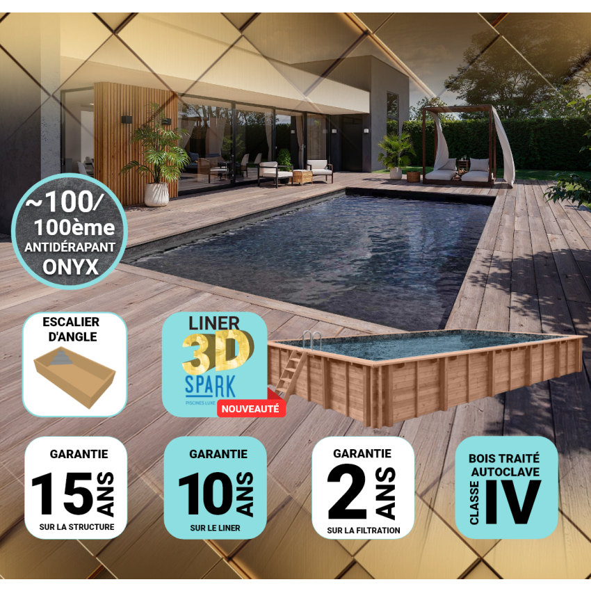 Piscine Bois Diana PRESTIGE Rectangulaire SPARK avec Escalier d'Angle 820x420x145cm Liner Relief 3D