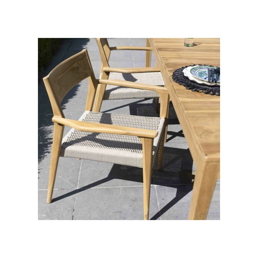 Ensemble Table 6/8 places avec 6 fauteuils CALVI en Teck et cordage Beige 