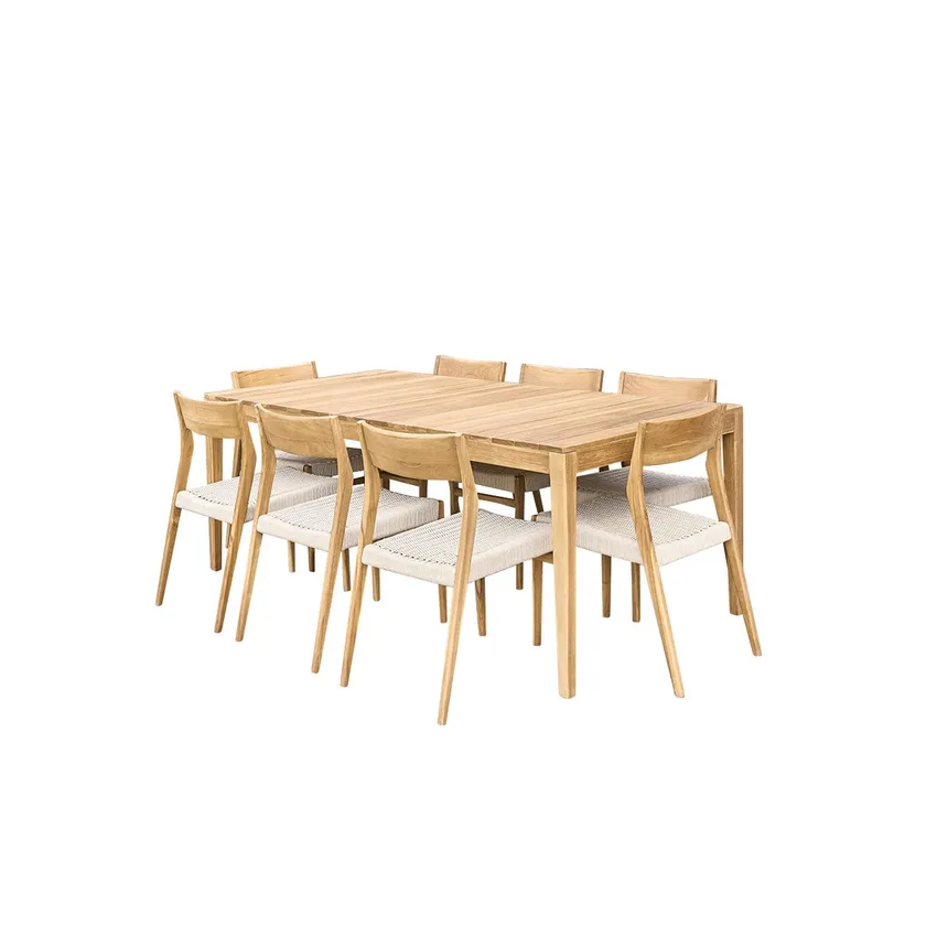Ensemble Table 6/8 places avec 6 fauteuils CALVI en Teck et cordage Beige 