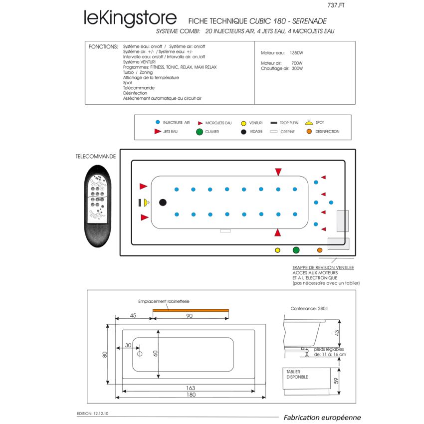 Baignoire Balnéo Cubic Serenade 180 x 80 cm