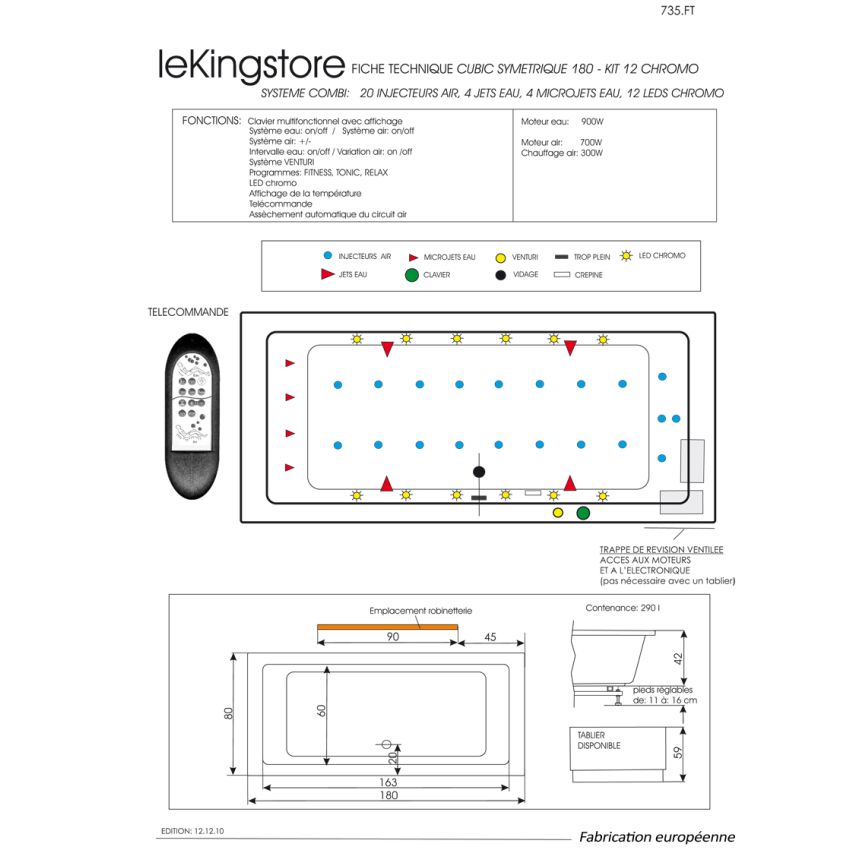 Baignoire Balnéo Cubic Chromo 180 x 80 cm 2 places