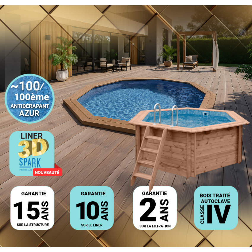Piscine Bois PRESTIGE Diamant Ronde SPARK ⌀360x131cm Liner Relief 3D