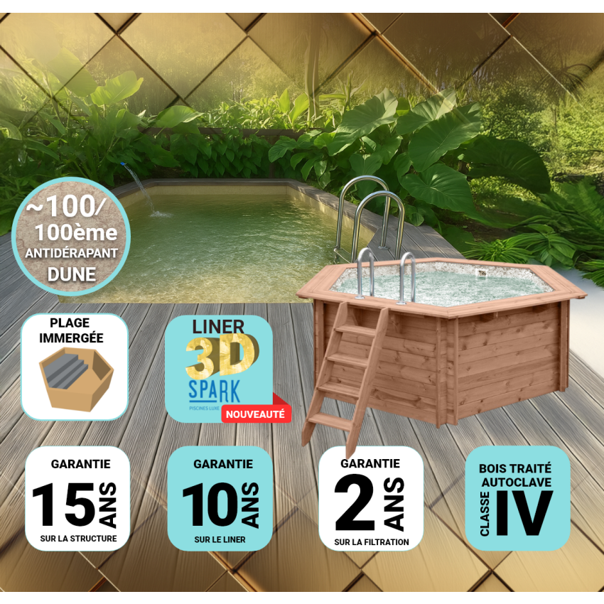 Piscine Bois Diamant PRESTIGE Ronde SPARK avec Plage Immergée + Escalier ⌀360x131cm Liner Relief 3D