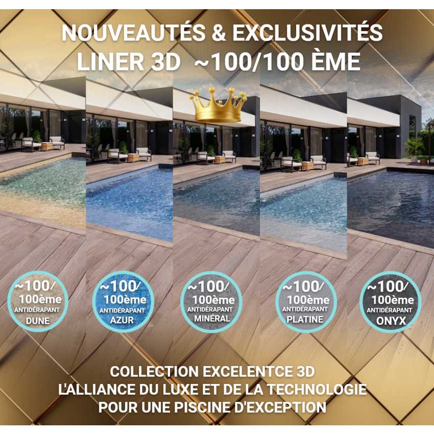 Liner 3D pour piscine octogonale allongée 610x400x130cm avec escaliers+plage immergée