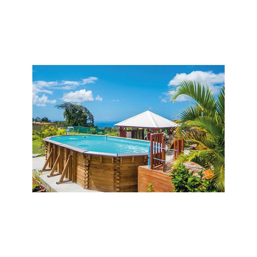 Piscine bois MAEVA Octogonale Allongée Avec escalier 649x349x150cm 