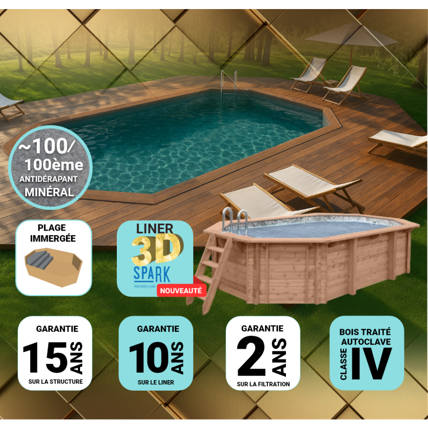 Piscine Bois PRESTIGE Octogonale allongée avec Plage immergée + Escalier SPARK 415x265x131cm Liner Relief 3D